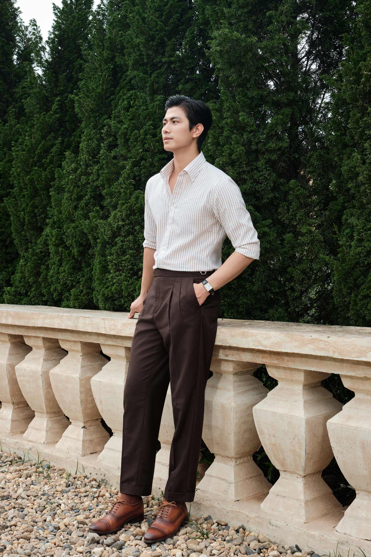 Quần âu nâu đất cạp cao sidetab công sở