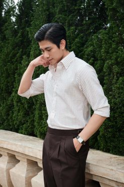 Sơ mi kẻ be seesucker cổ button down cao cấp