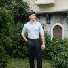 Sơ mi kẻ xanh 7 cổ hidden button down,cổ giấu cúc