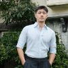 Sơ mi kẻ xanh 7 cổ hidden button down,cổ giấu cúc