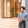 Sơ mi kẻ xanh vải linen cổ button down công sở